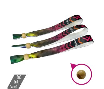   Látkový náramek (15x340mm, barevný potisk na jedné straně, s proměnlivými údaji) - s opakovaně zavíratelným kroužkem z bambusu.