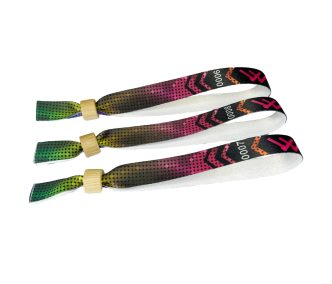   Látkový náramek (15x340mm, barevný potisk na jedné straně, s proměnlivými údaji) - s uzavíratelným kroužkem z bambusu/plastu