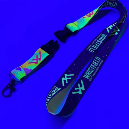 Saténová šňůrka na krk s potiskem 20x900mm - FLUO tisk  - se standardní karabinou a s trojzubcem