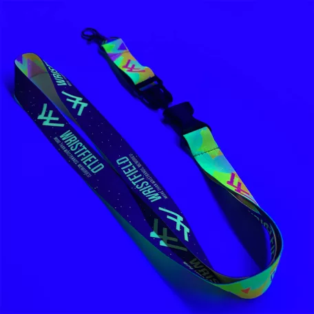 Saténová šňůrka na krk s potiskem 20x900mm - FLUO tisk  - se standardní karabinou a s trojzubcem