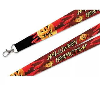  Šnůrka na krk  vzorované  satén barevné 20mm - s karabinou  -  Halloween dýně