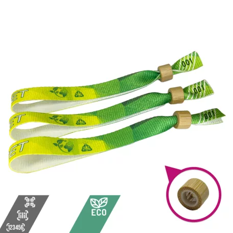 R-PET náramek (z recyklovaných PET lahví, 15x340mm, s barevným potiskem na jedné straně, variabilní údaje) - s bambusovým / plastovým kroužkem