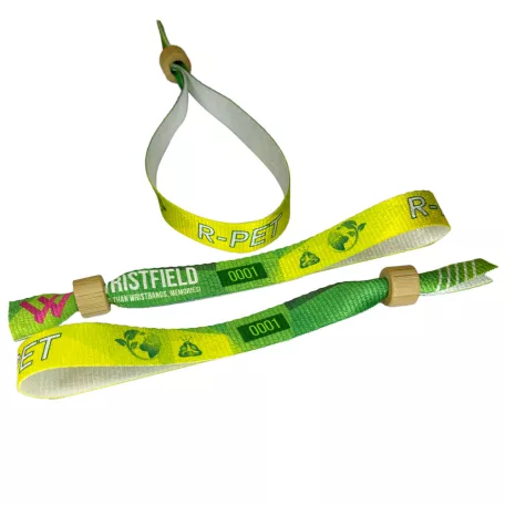 R-PET náramek (z recyklovaných PET lahví, 15x340mm, s barevným potiskem na jedné straně, variabilní údaje) - s bambusovým / plastovým kroužkem