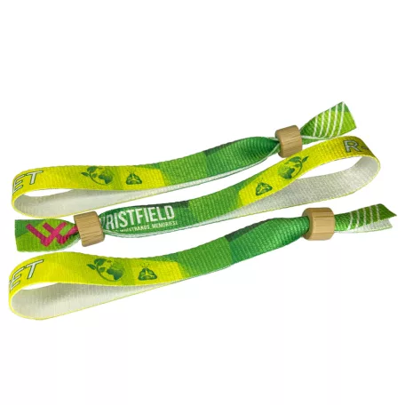 R-PET náramek (z recyklovaných PET lahví, 15x340mm, s barevným potiskem na jedné straně, variabilní údaje) - s bambusovým / plastovým kroužkem