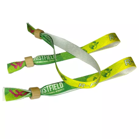 R-PET náramek (z recyklovaných PET lahví, 15x340mm, s barevným potiskem na jedné straně, variabilní údaje) - s bambusovým / plastovým kroužkem